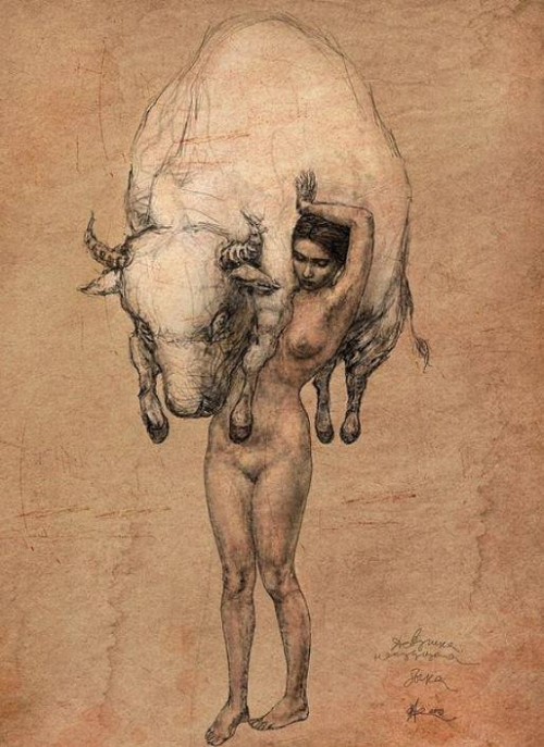 Woman-Carrying-A-Bull-by-Vladimir-Fokanov